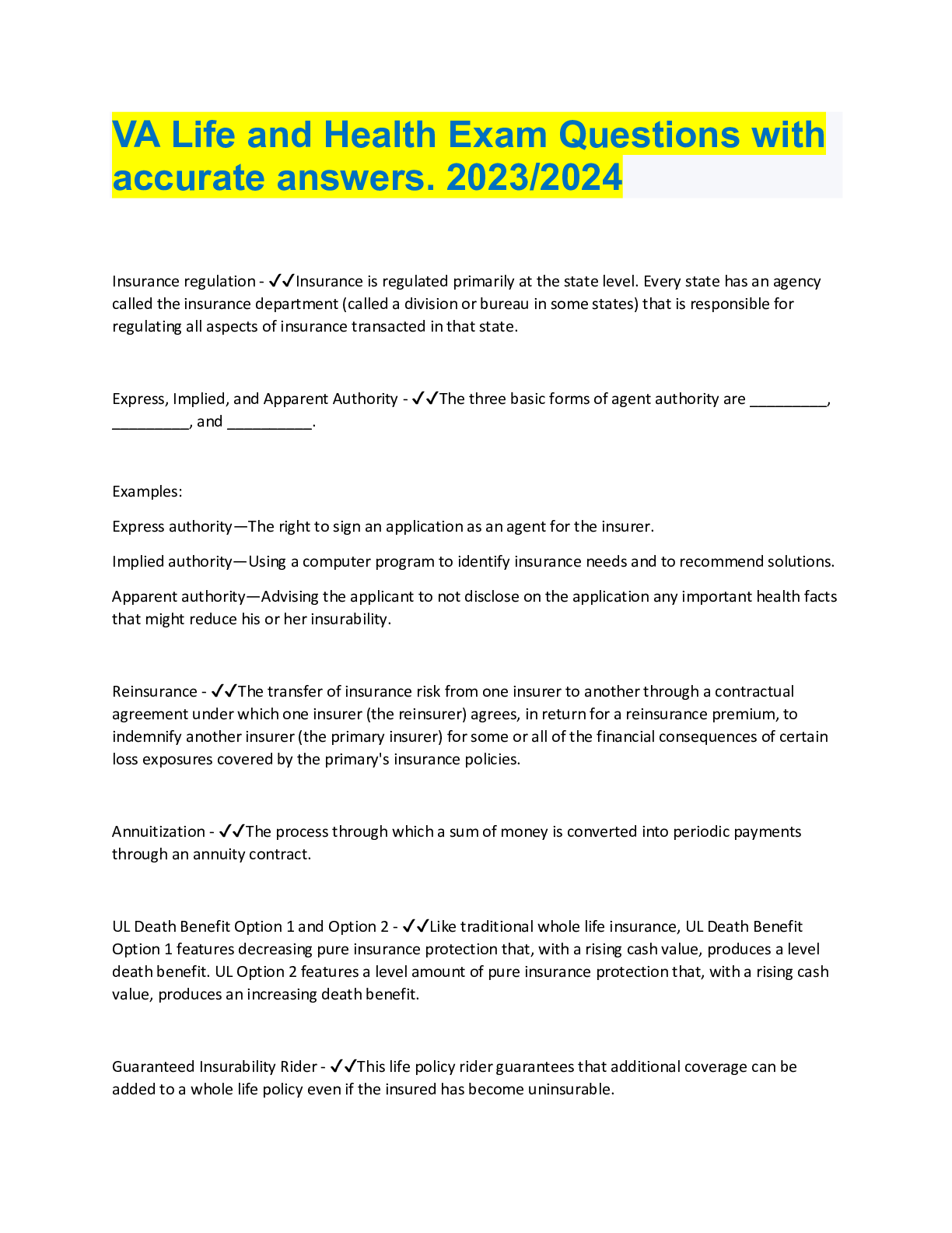 VA Life and Health Exam Questions with accurate answers. 2023/2024